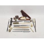 Assorted brass and simulated ivory thimbles, a meerschaum pipe carved with snooker players, a bone-