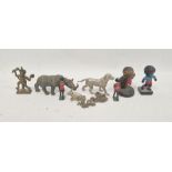 Assorted white metal models of animals including a rhino and a hound, a Robertsons figure of a