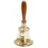 Vintage bronze school bell, with turned wood handle, 31.5cm