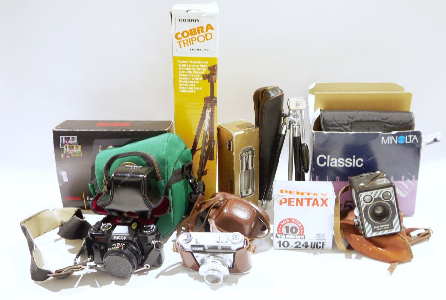 Collection of cameras, binoculars and related accessories including a Cobra tripod model CT20, a