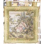 Wall hanging French machine tapestry, the central panel with pair of lovers beside a river, with