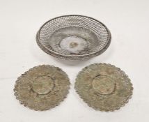 20th century white metal silvered wirework circular footed basket of basket form, woven with
