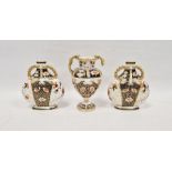 Davenport Longport Imari-pattern garniture of three vases, mid 19th century, printed iron red marks,