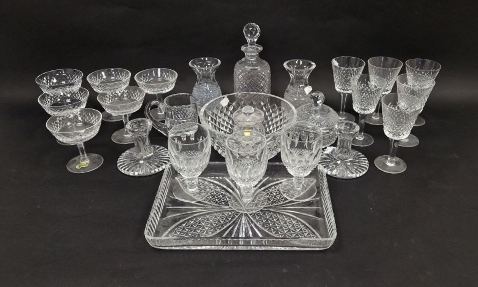Quantity of Waterford diamond pattern cut glass to include, a set of six champagne saucers, set of