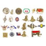 Large collection of gilt metal, white metal and enamelled badges including examples for the Royal