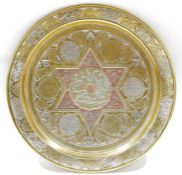 Early 20th century Mamluk Revival silver and copper inlaid brass circular tray, probably Egypt or