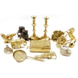 Assorted brassware and collectables including a pair of brass baluster candlesticks, a mid-century