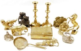 Assorted brassware and collectables including a pair of brass baluster candlesticks, a mid-century