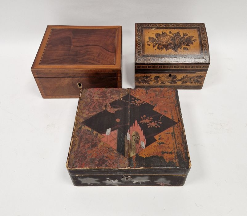 19th century mahogany games box, a Tunbridgeware stationery box of tapering domed form inset with