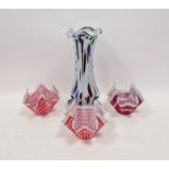 Murano spatter glass vase, with rigaree 30cm high and three Chance Brother handkerchief vases (4)
