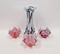 Murano spatter glass vase, with rigaree 30cm high and three Chance Brother handkerchief vases (4)