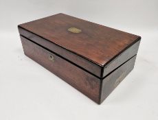 19th century mahogany stationery box of rectangular form, inset with brass plaque, escutcheon and