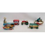Tinplate to include motorbike with sidecar together with a Russian dancing doll, Tractor with