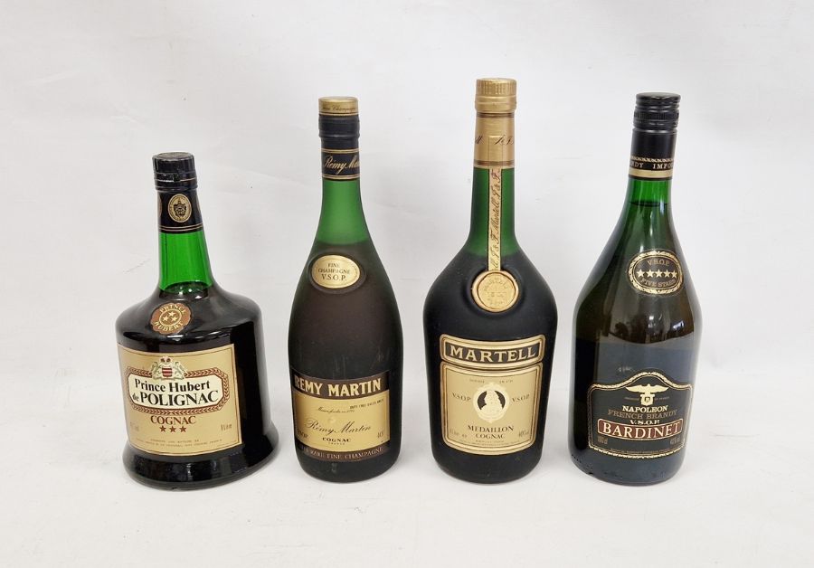 Four bottles of various cognac/brandy including one litre Martell Medaillon VSOP, Bardinet 1 litre