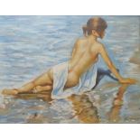 F Mandy  Oil on board Female nude within a beach scene, signed lower right, 45cm x 36cm