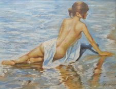 F Mandy  Oil on board Female nude within a beach scene, signed lower right, 45cm x 36cm