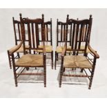 Set of six Arts & Crafts-style stained beech dining chairs (4+2) having slat backs, reel turned