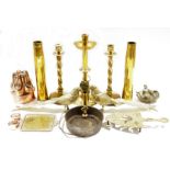 Assorted brass and metalware including a pair of brass barleytwist candlesticks, a pair of brass