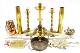 Assorted brass and metalware including a pair of brass barleytwist candlesticks, a pair of brass