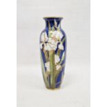 Doulton Burslem blue scale pattern ground oviform vase, decorated with irises outlined in gilding,