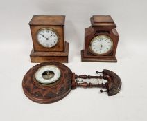 Two Edwardian mantel clocks, the first oak cased in rectangular section case with white enamel dial,