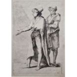 Set of three numbered etchings, figures, possibly after Rembrandt and five various portrait