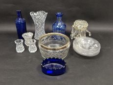 Assorted glassware, 19th and 20th century, including a clear cut glass lustre, a blue flashed