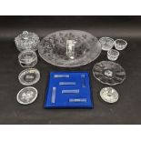 Large frosted glass dish decorated with trefoils, 38cm, a Dublin crystal engraved trinket dish