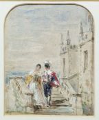 David Cox, JR. (1809-1885) Watercolour and pencil Romantic figures on a stairway, signed lower left,