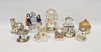 Assorted 19th century Staffordshire pottery pastille burners including a two-storey pavilion applied