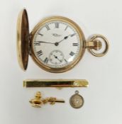 20th century Waltham gold-plated full hunter pocket watch, the circular enamel dial with roman