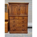 Victorian Heal & Son cabinet chest with cupboard above, three long and two short drawers, each