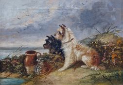 J Langlois (circa 1854-1904)  Pair oils on canvas Terriers at water's edge and terriers beside