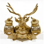 19th century gilt metal mounted double inkwell cast as a stag's head flanking two square section cut