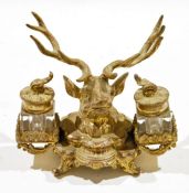 19th century gilt metal mounted double inkwell cast as a stag's head flanking two square section cut