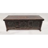 17th century possibly Irish oak coffer having a carved panelled front and sides, 49cm high x 146cm