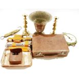 Assorted collectables to include, a pair of brass baluster candlesticks, Slaters scales and