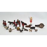 Small quantity of lead soldiers and animals to include cow, horse, pig, sheep, cockerel, etc