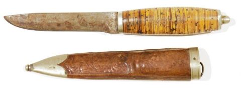 Vintage Scandinavian hunting knife with handle formed from discs of birch, within a tooled leather