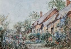 Cyril Wood (20th century)  Two watercolours on paper, Each depicting thatched cottages in gardens,