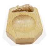 Robert Thompson 'Mouseman' carved oak ashtray of canted rectangular form carved with a signature