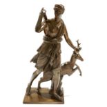 Diana of Versailles, after Ferdinand Barbedienne (1810-1892) patinated bronze, beside a stag,