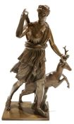 Diana of Versailles, after Ferdinand Barbedienne (1810-1892) patinated bronze, beside a stag,