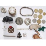 Straw work box with assorted coinage, commemorative medals, badges and costume jewellery,