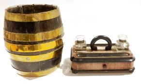 Brass bound oak barrel of coopered construction with riveted brass mounts, 30cm high and a 19th