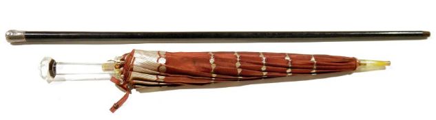 Silver-topped ebonised walking cane with foliate engraved top, hallmarked London 1923, 90.5cm long