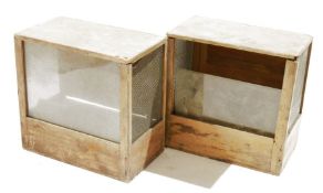 Two early 20th century glazed wooden boxes (probably bird cages/transporters), each with wire mesh