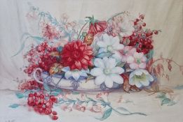 ...feg(?) Watercolour drawing Still life flowers in bowl A Haynes Watercolour drawing Orchids in