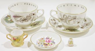 Royal Worcester miniature two-handled blush ivory ground loving cup, two Halcyon Days emamel pill