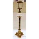 Large Victorian gilt metal mounted converted library oil lamp, with foliate carved globular